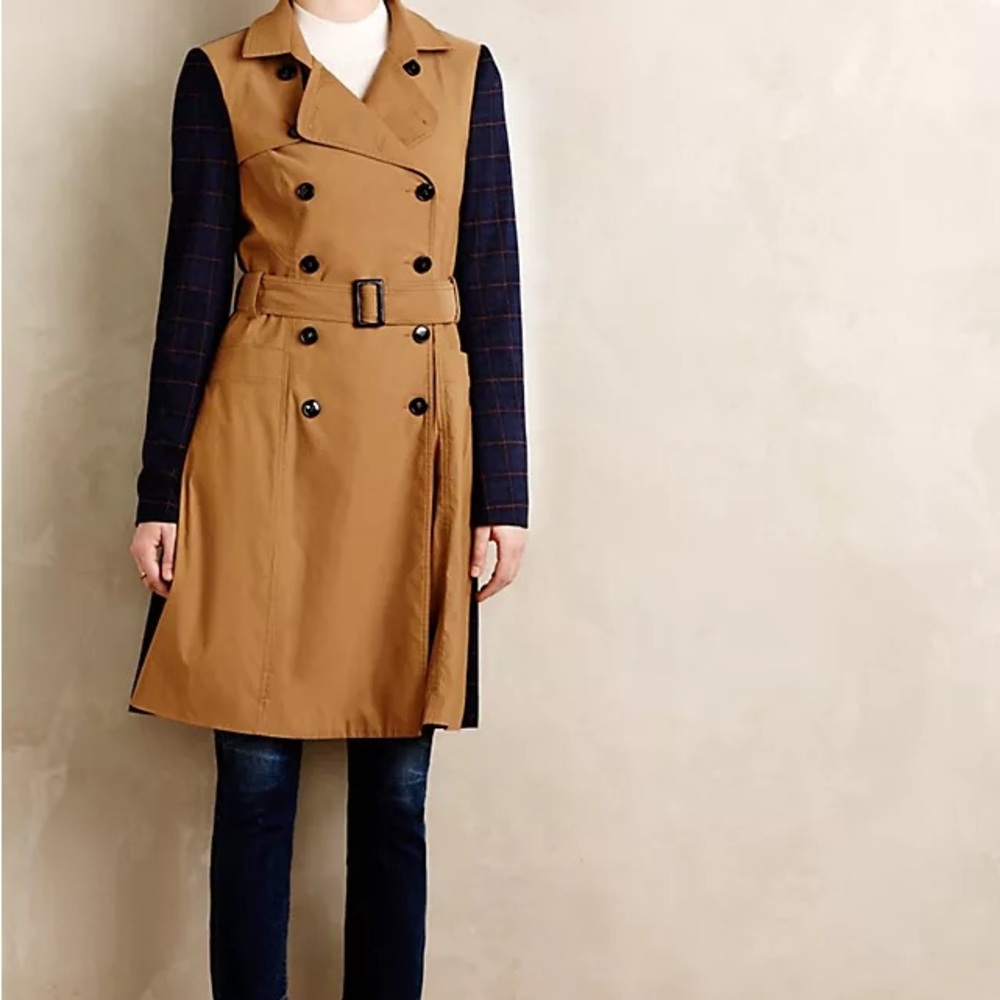 Anthropologie // Harlyn Tan Double-Breasted Trench Coat with Navy Plaid Detail